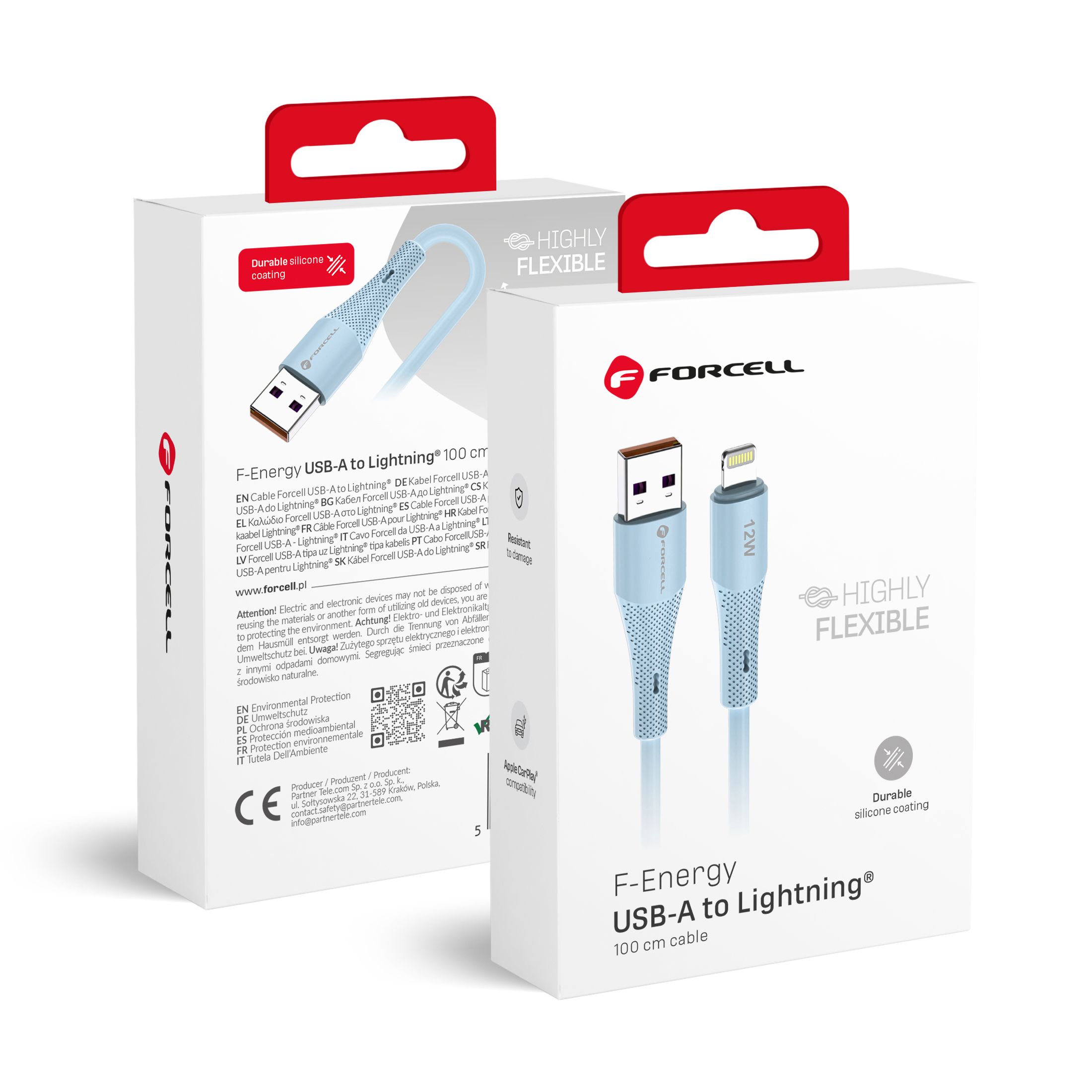 USB A - Lightning Forcell F-Energy 2,4A 12W Silicone kaapeli 1 m C343 sininen