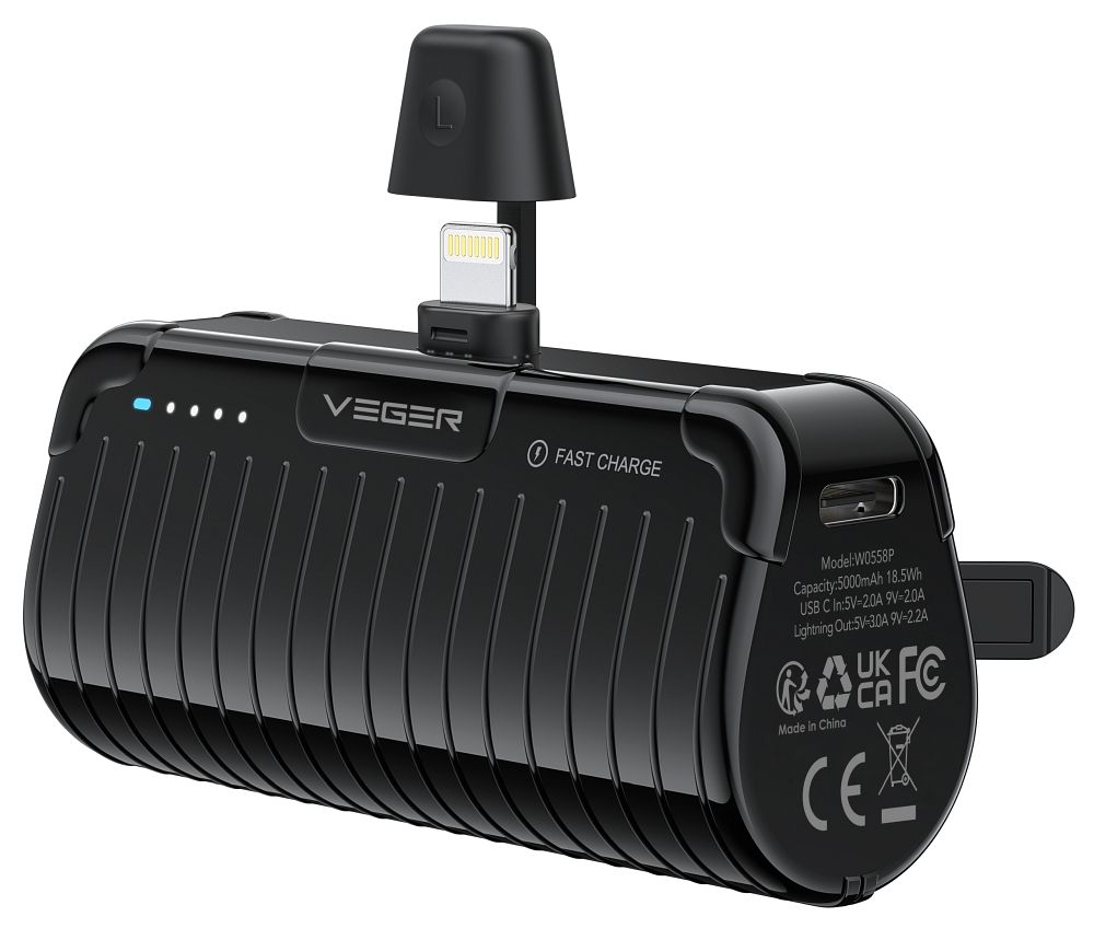 Ulkoinen akku Veger PlugOn (W0558P) PD QC3.0 2,4A 20W 5000 mAh sisäänrakennetulla Lightning-liittimellä musta