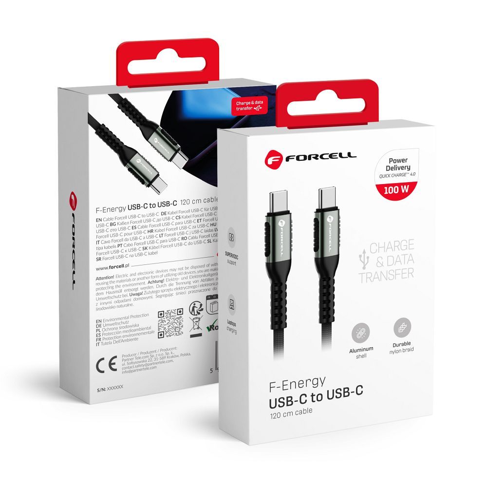Kaapeli USB C - USB C Forcell F-Energy QC4.0 PD 5A 100W Cafule 1,2 m C260 musta