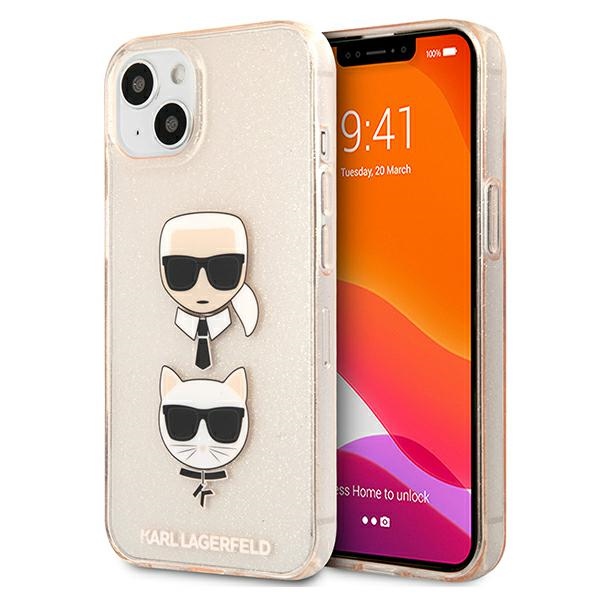 Karl Lagerfeld Glitter Karl & Choupette Head suojakuori laitteelle iPhone 13 mini, kullanvärinen