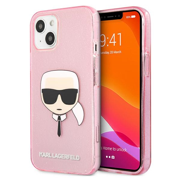 Karl Lagerfeld Glitter Karl's Head Kotelo iPhone 13 mini - vaaleanpunainen