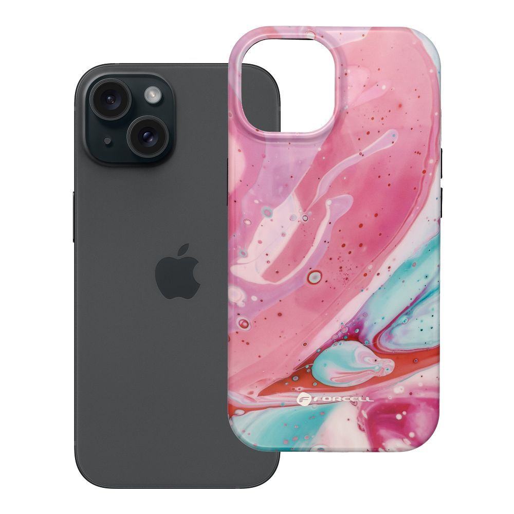 Suojakuori iPhone 15:lle Forcell F-Protect Mirage MagSafe-yhteensopiva Military Drop-Test vaaleanpunainen marmori