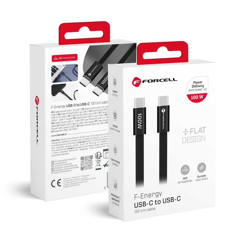 Kaapeli USB-C - USB-C Forcell F-Energy QC4.0 PD 5A 100 W Cafule Flat 1,2 m CCFN23 musta