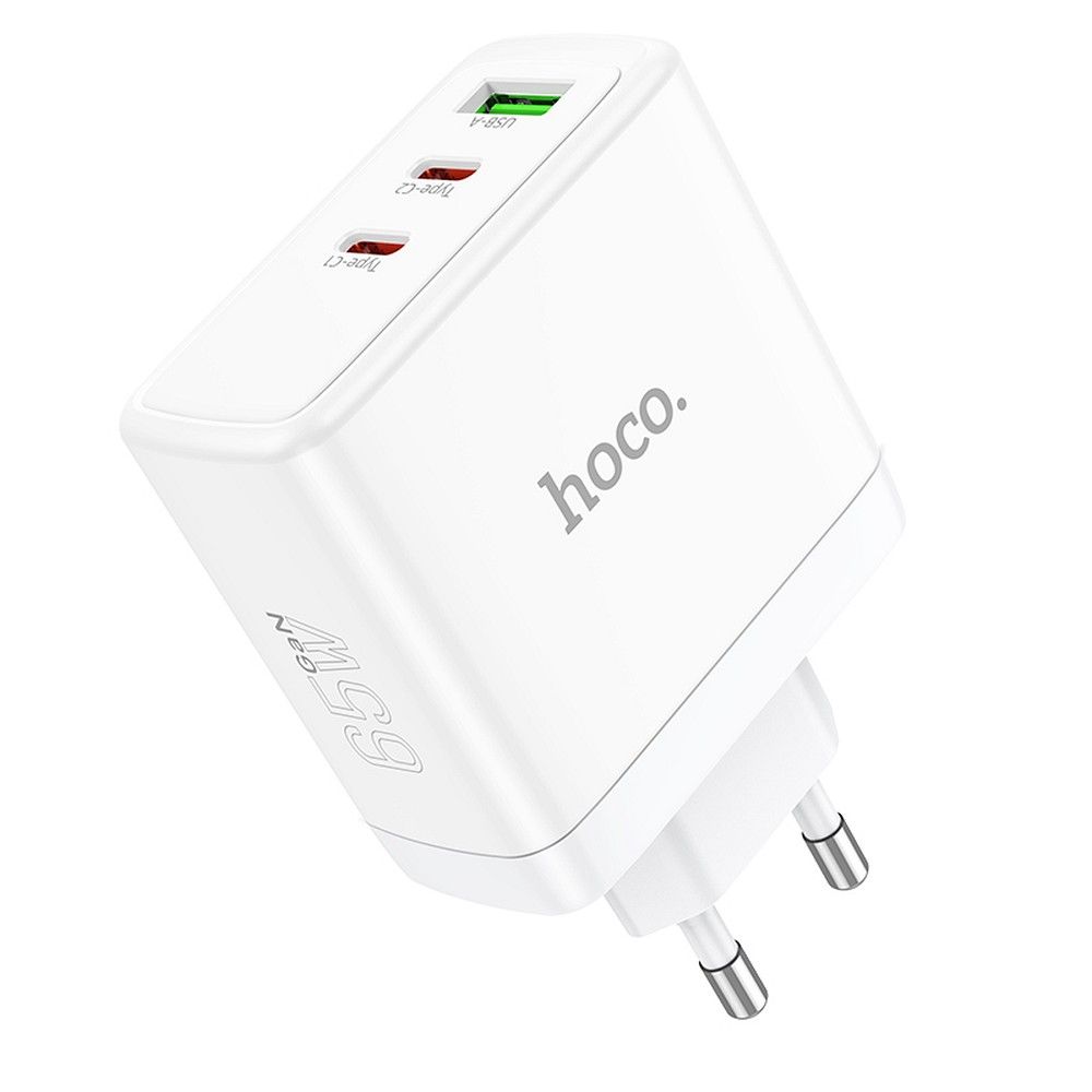 Laturi Hoco 2 x USB-C + USB-A GaN QC PD 65W N30 valkoinen