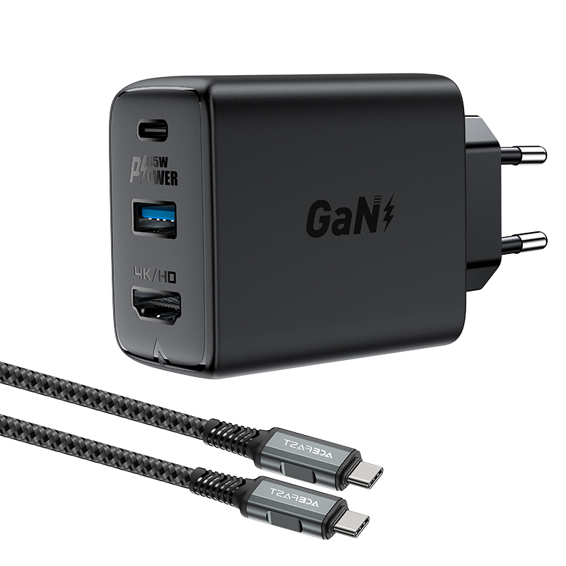 Acefast 2in1 laturi GaN 65W USB Type C / USB, HDMI 4K 60Hz sovitin (setti kaapelilla) musta (A17 black)