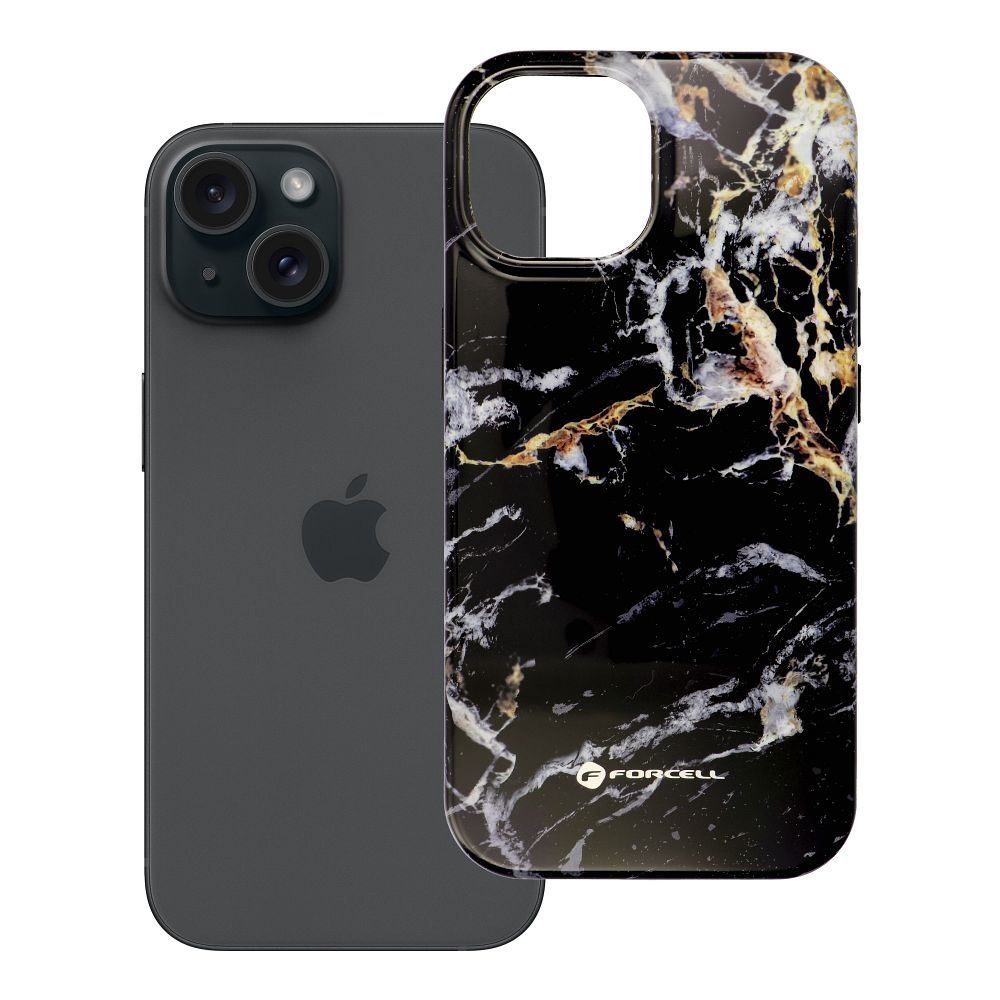 Case for iPhone 15 Forcell F-Protect Mirage compatible with Magsafe Military Drop-Test black marble