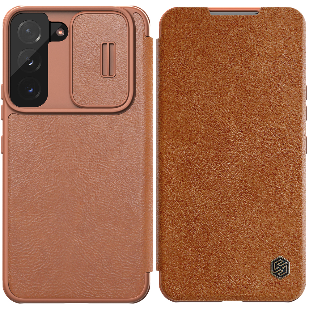 Nillkin Qin Nahka Pro Case Kotelo Samsung Galaxy S22+ (S22 Plus) Kamera Protector Holster Cover Flip Case Ruskea