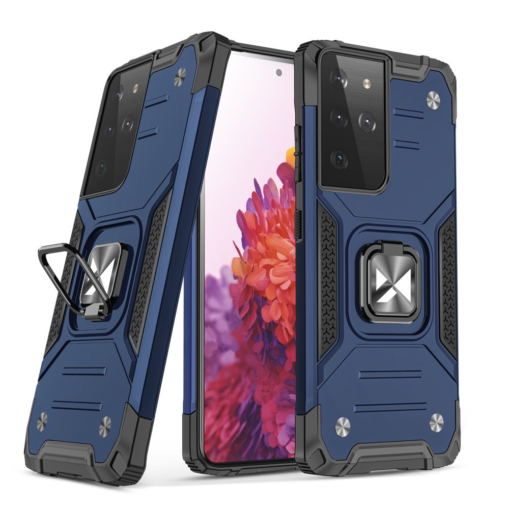Wozinsky Ring Armor kova hybridi tapauksessa kansi + magneettinen haltija Samsung Galaxy S22 Ultra sininen