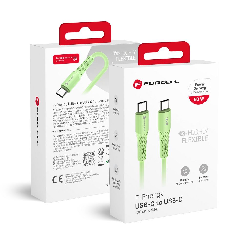 Kaapeli USB C - USB C Forcell F-Energy QC4.0 PD 3A 60W Silicone 1 m C344 vihreä