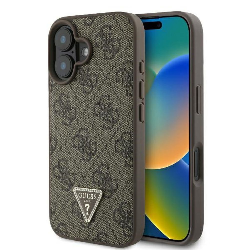 Guess Leather 4G Triangle Strass MagSafe kotelo iPhone 16 - ruskea