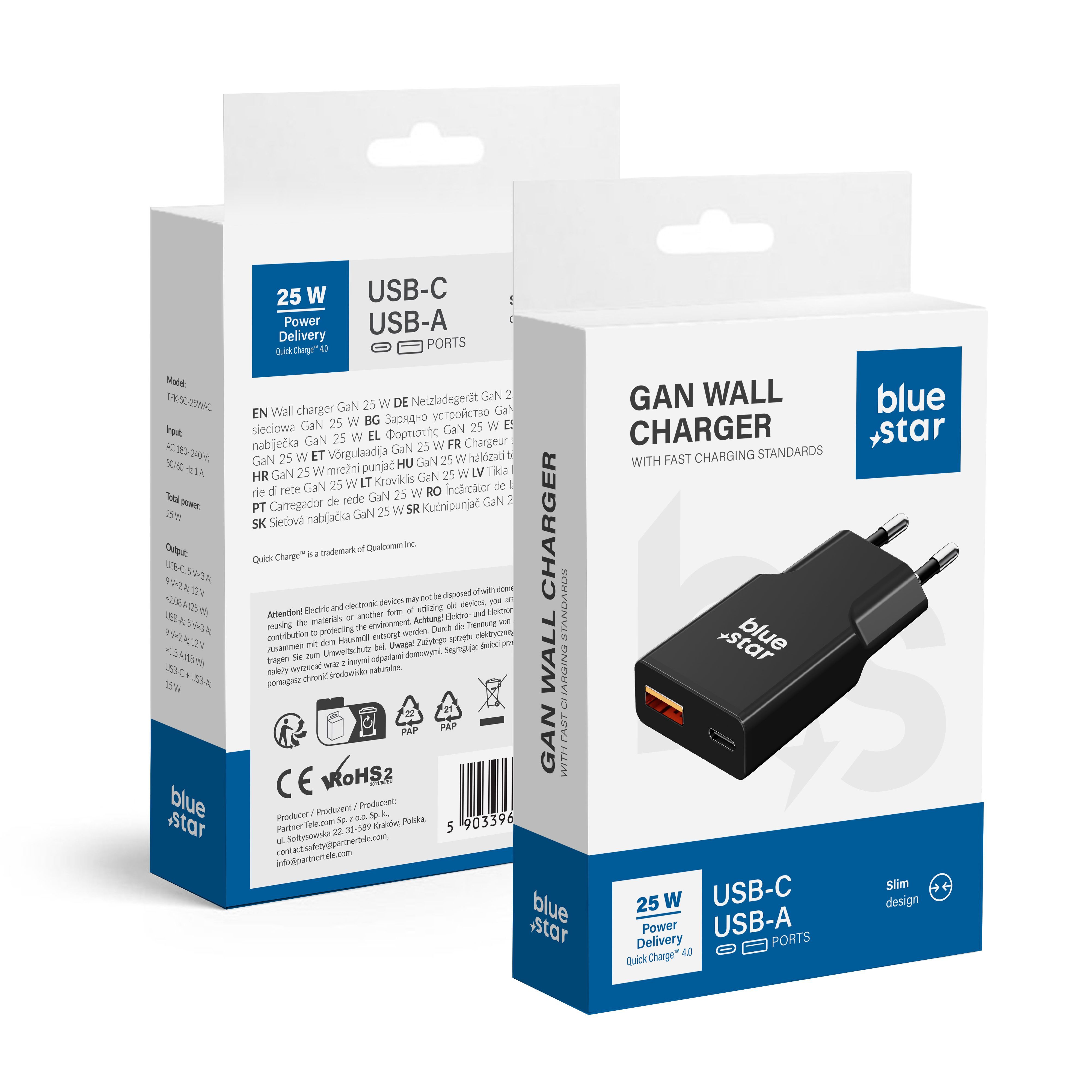 Charger Blue Star (TFK-SC-25WAC) (1xUSB; 1xUSB-C) 3A (25W) black