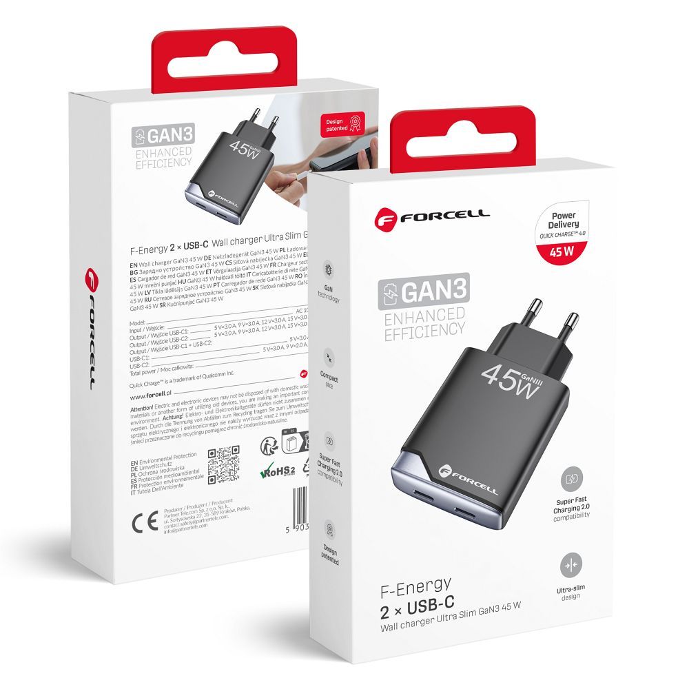 Puhelinlaturi Forcell F-Energy Ultra Slim GaN III 2 x USB C PD QC4.0 3A 45W B245201(2C) musta