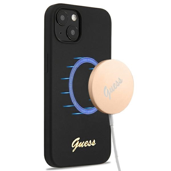 Guess GUHMP13MLSLMGBK iPhone 13 6.1" musta/musta kovakotelo Silikoni Script Gold Logo Magsafe