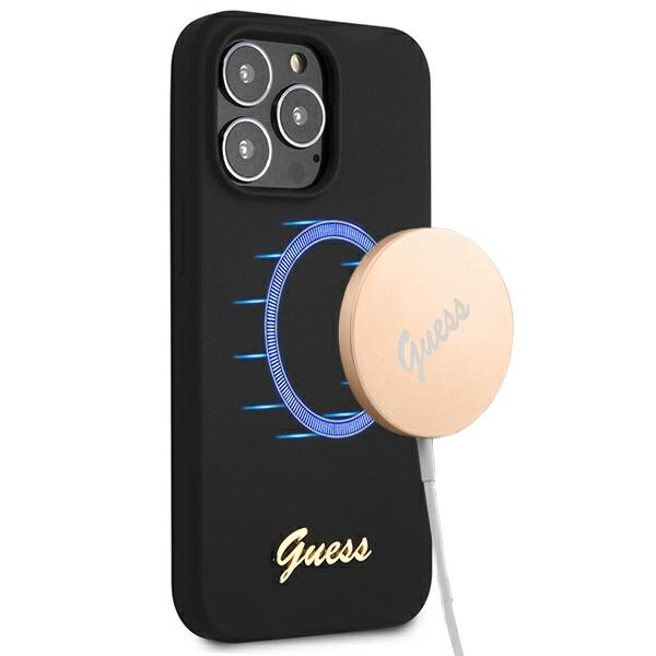 Guess GUHMP13XLSLMGBK iPhone 13 Pro Max 6.7" musta/musta kovakotelo Silikoni Script Kultainen logo MagSafe
