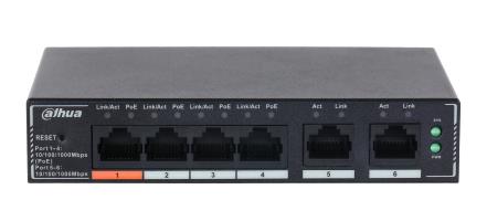 Dahua SG4006P L2-kytkin, 6x RJ-45 Gigabit Ethernet, 4 PoE-porttia, PoE-budjetti 60 W, DH-SG4006P