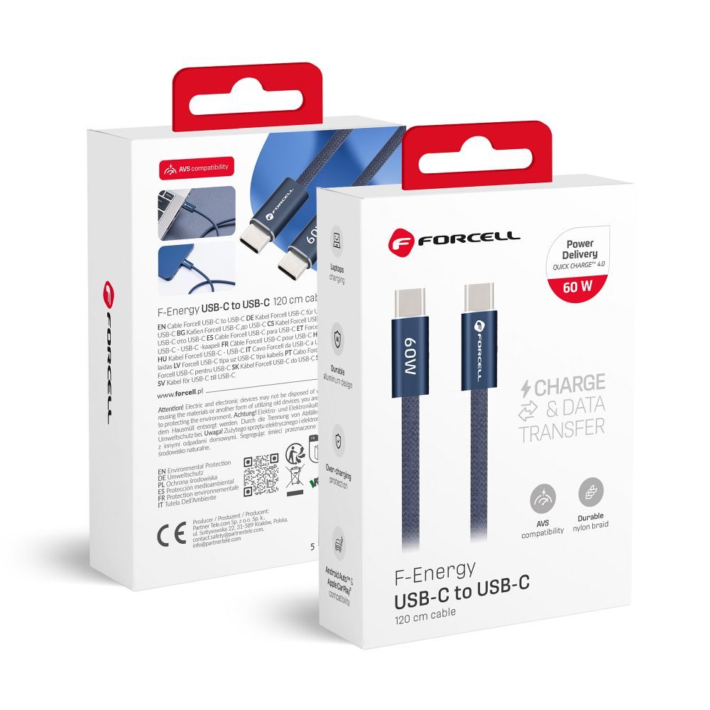 Kaapeli USB-C - USB-C Forcell F-Energy QC4.0 PD 3A 60 W Cafule Color 1,2 m ACYH23 tummansininen