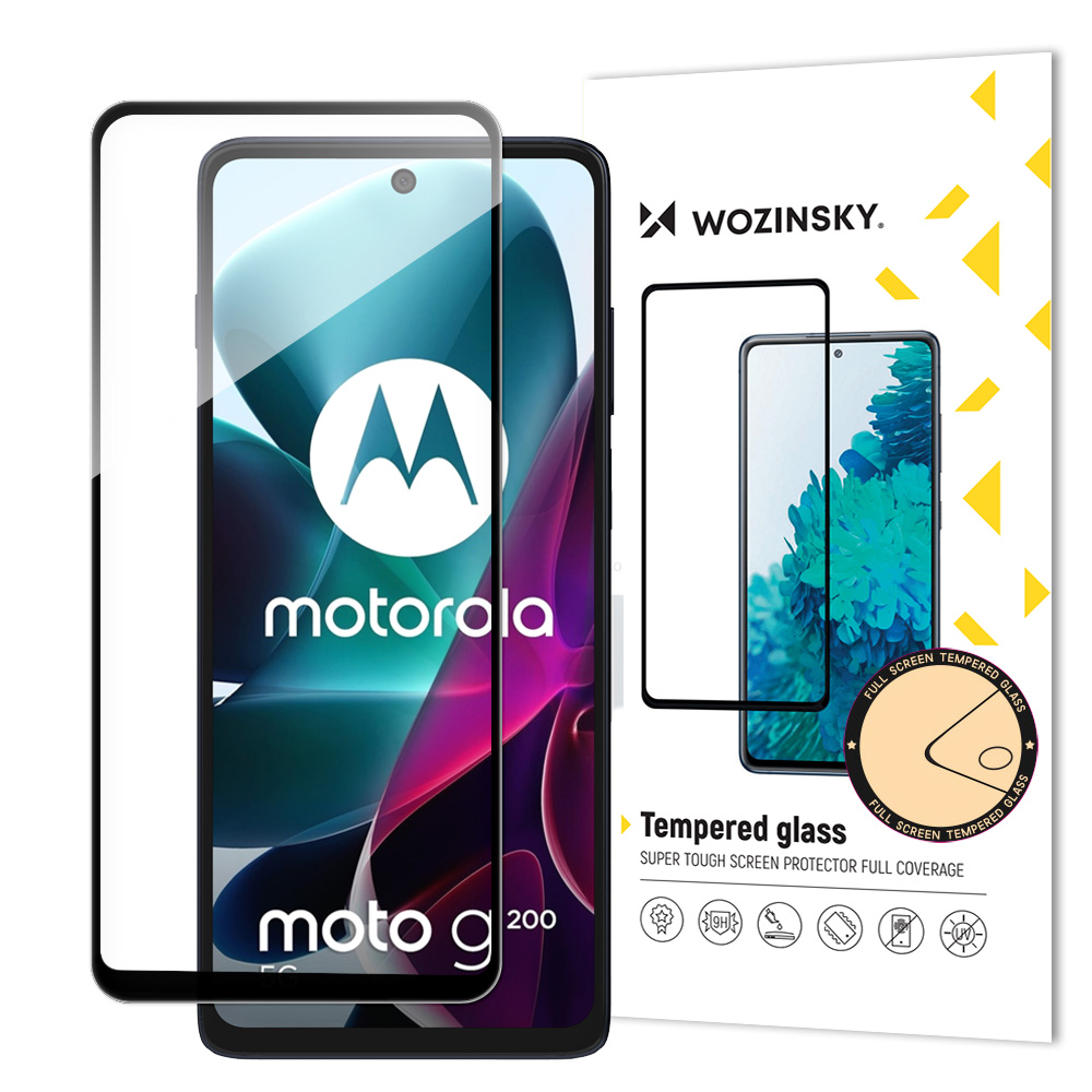 Wozinsky Full Glue karkaistu lasi Motorola Moto G200 5G 9H koko näytön karkaistu lasi mustalla kehyksellä