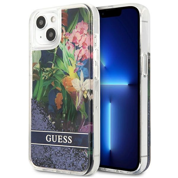 Guess GUHCP13SLFLSB iPhone 13 mini 5.4" sininen/sininen kovakotelo Kukka Nestemäinen glitteri