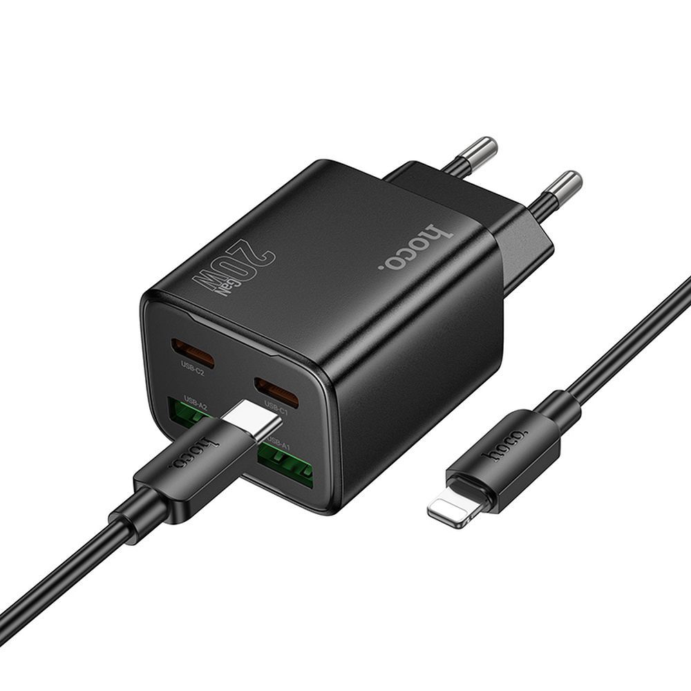 Puhelinlaturi Hoco 2 x USB C + 2 x USB A QC3.0 PD 3A 20W + kaapeli USB C - Lightning N55 musta