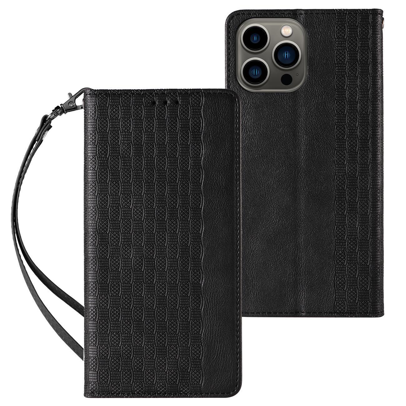 Magneetti hihna Kotelo iPhone 14 Pro Flip lompakko Mini Lanyard Stand Musta