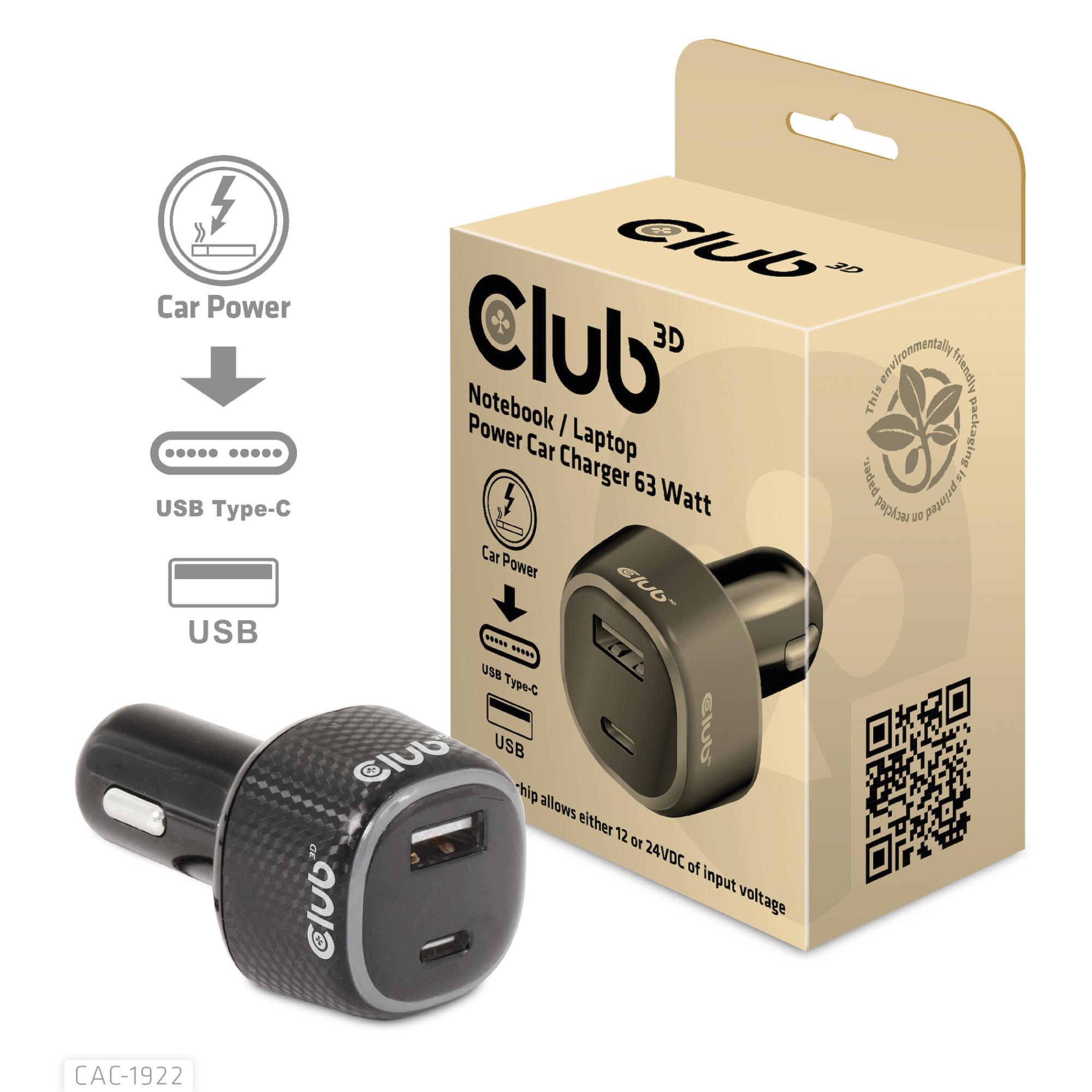 Kannettavan autolaturi USB+USB-C/63W CAC-1922 CLUB3D