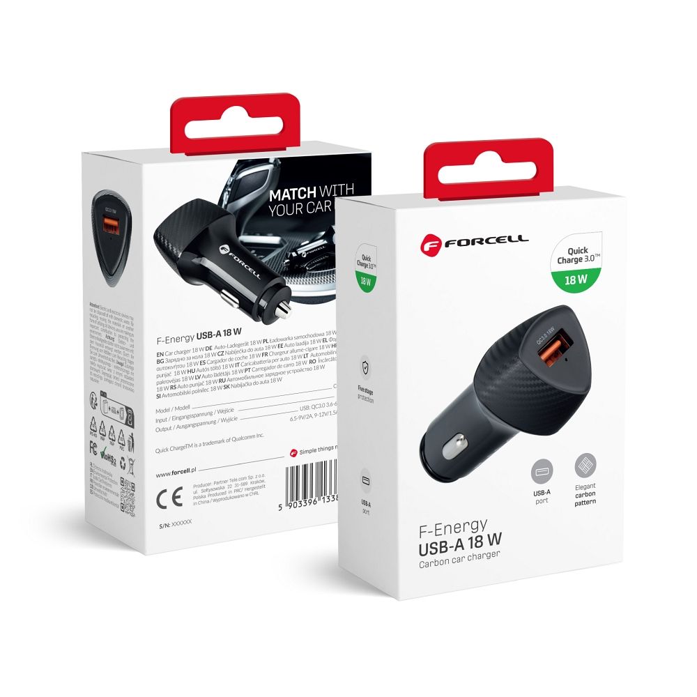 Autolaturi Forcell F-Energy Carbon USB A QC3.0 3A 18W CC50-1A musta