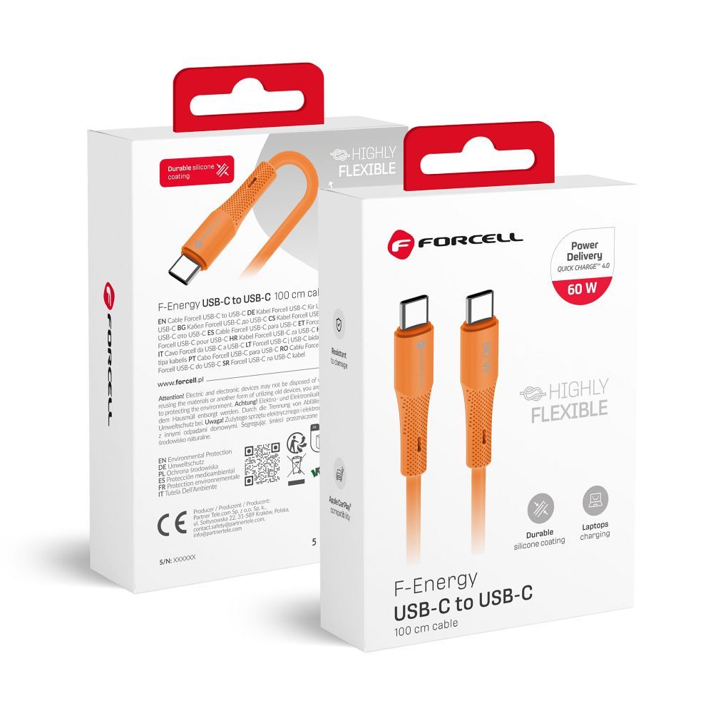 Cable USB C to USB C Forcell F-Energy QC4.0 PD 3A 60W Silicone 1 m C344 orange