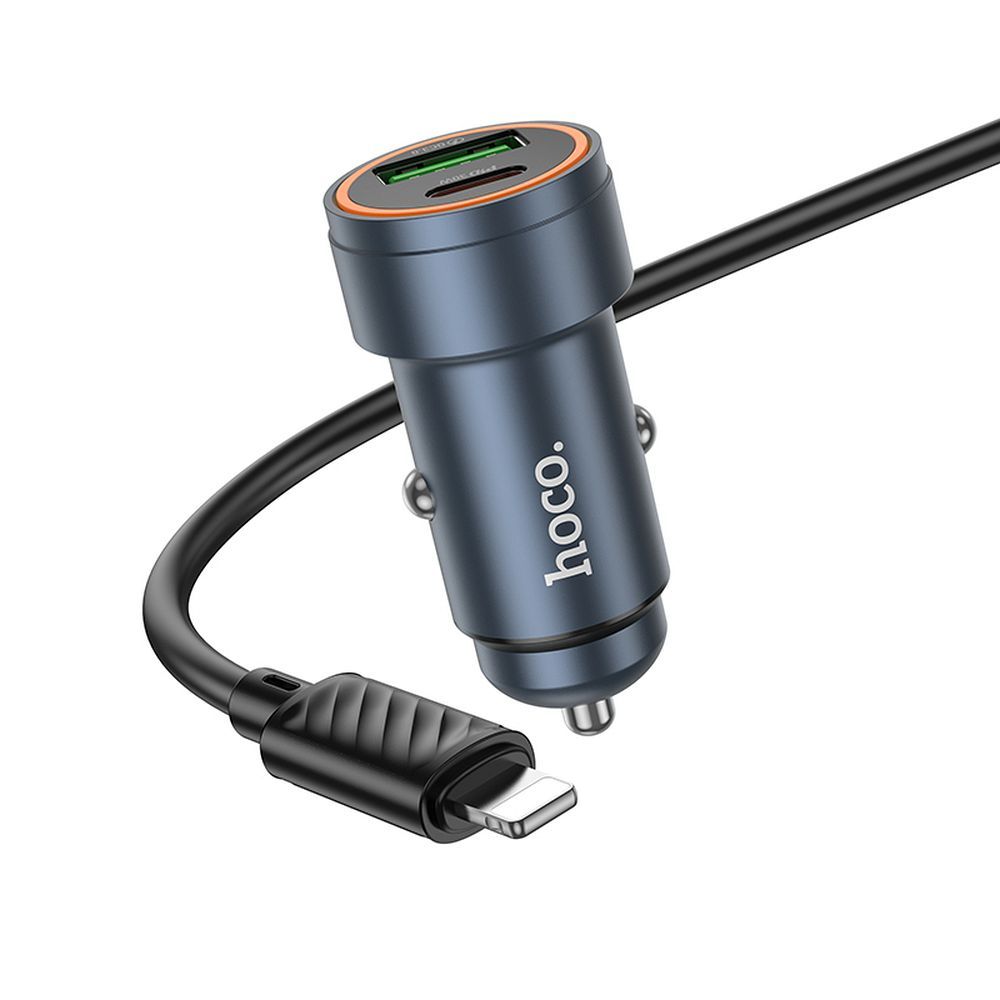 Autolaturi Hoco USB-A + USB-C QC3.0 PD 30W + USB-C - Lightning -kaapeli Z57A musta