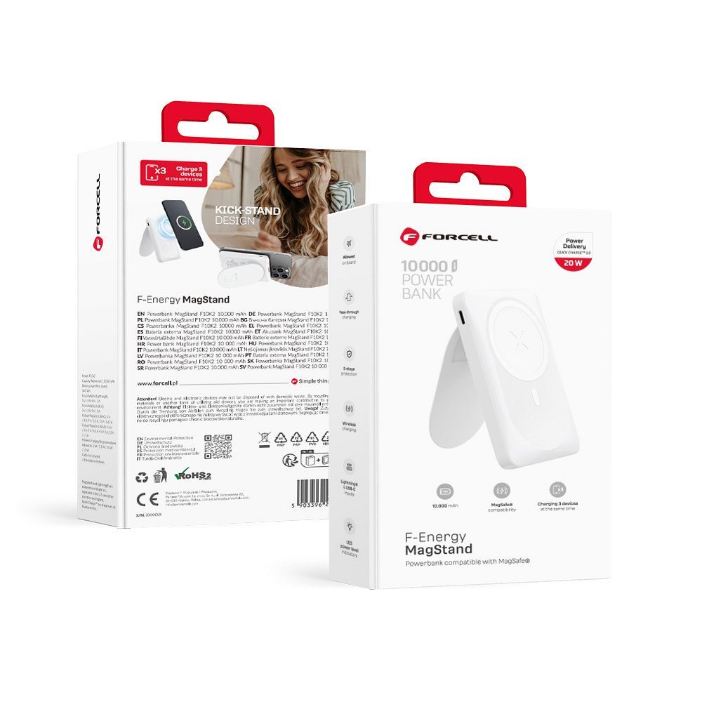 Ulkoinen akku yhteensopiva MagSafe:lle Forcell F-Energy MagStand F10K2 QC3.0 PD 5A 20W 10000 mAh valkoinen