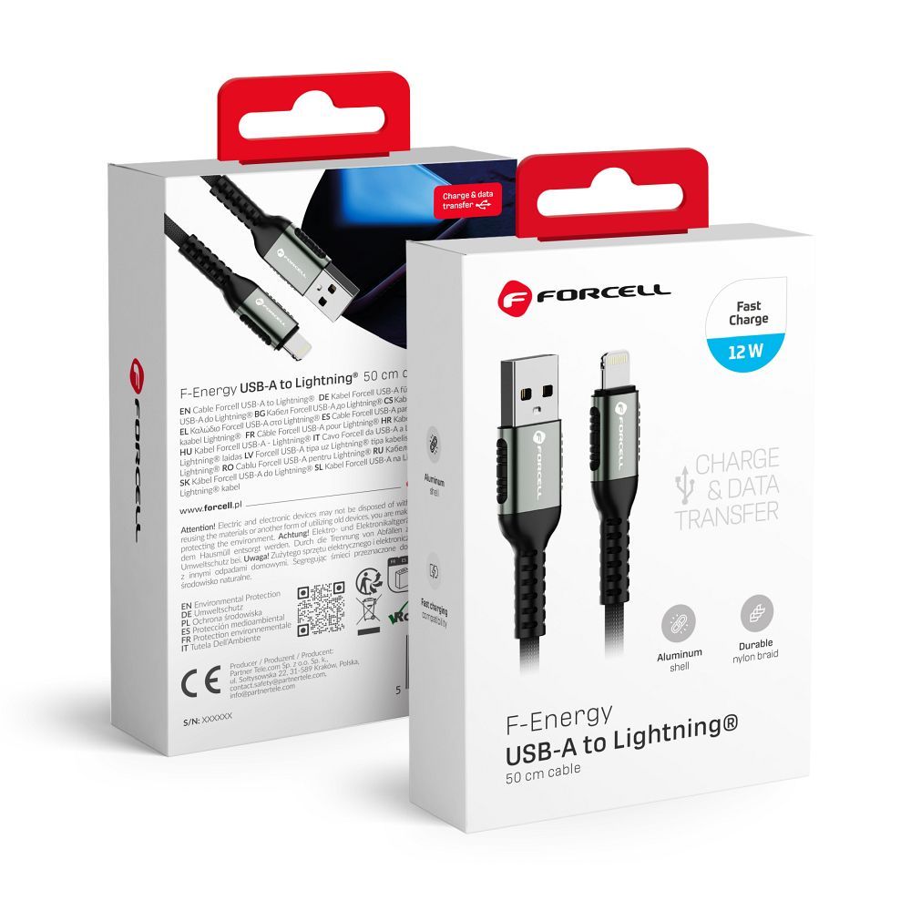 Kaapeli USB A - Lightning Forcell F-Energy 2,4A 12W Cafule 0,5 m C257 musta