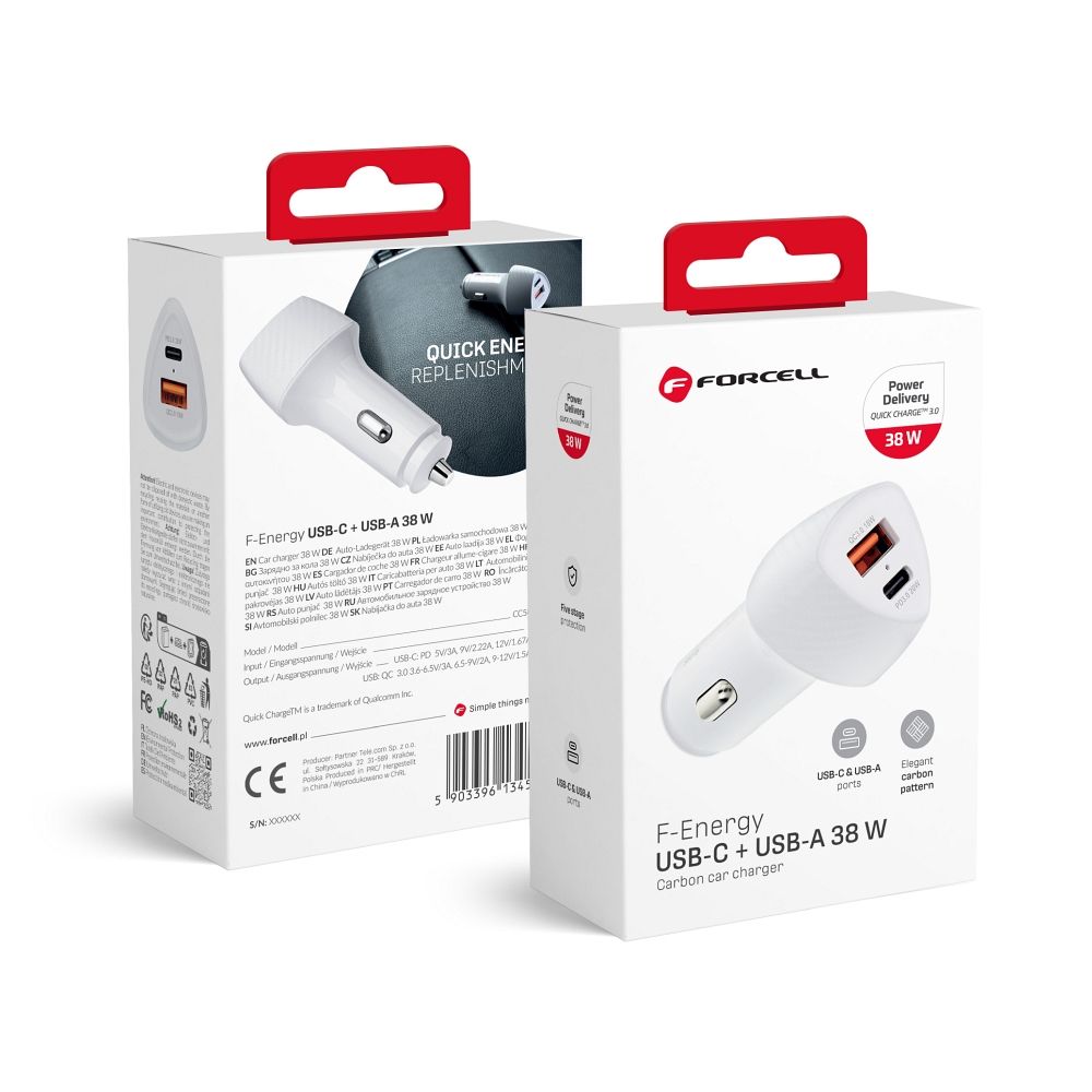 Autolaturi Forcell F-Energy Carbon USB C + USB A QC3.0 PD 3A 38W CC50-1A1C valkoinen