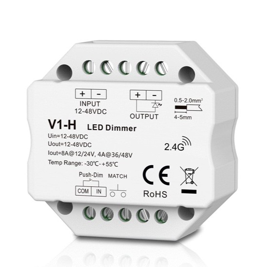 V1-H-ohjain, 12-48V, 1x 8A, Push-Dimm