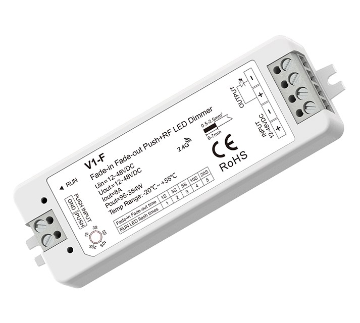 V1-F Fade-in Fade-out LED-himmennin, 12-48V, 1x 8A, Push-Dimm