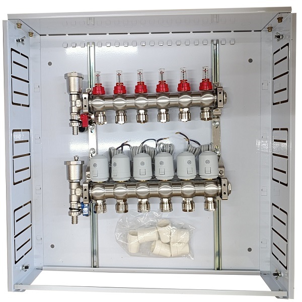 Lämmitysjakotukki 6 piiriä, termostaattimoottorit NC AC230V ja virtausmittarit