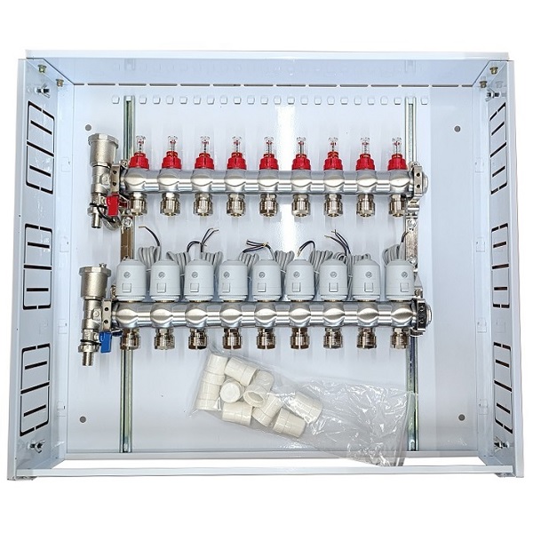 HiSmart HT260447 9-loop underfloor heating manifold set with NC 230 V thermal actuators and flow meters