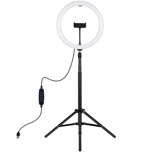 LED-rengaslamppu 30 cm jalustan kiinnikkeellä enintään 1,65 m, puhelimen pidike, USB