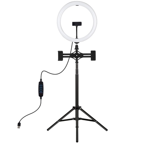 LED-rengaslamppu 30 cm pöytäjalustan kiinnikkeellä enintään 165 cm ja 3 puhelimen pidikettä, USB