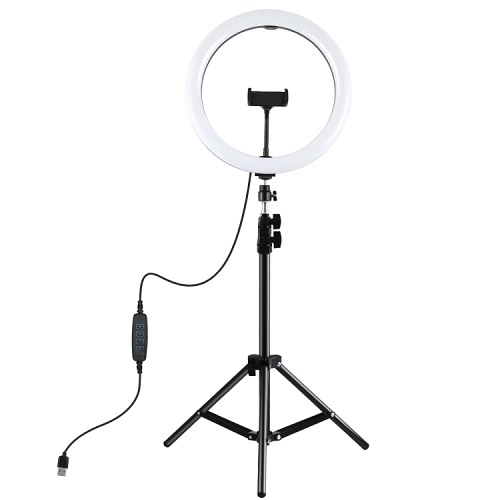 LED-rengaslamppu 30 cm pöytäjalustan kiinnikkeellä enintään 1,1 m, puhelimen pidike, USB