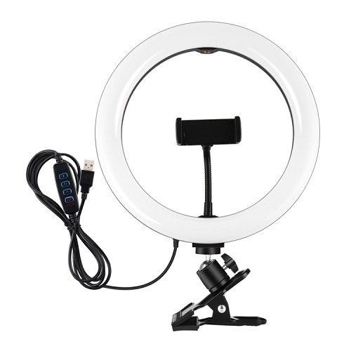 LED-rengasvalaisin 26cm puhelimen pidikkeellä ja kiinnitysklipsillä, USB