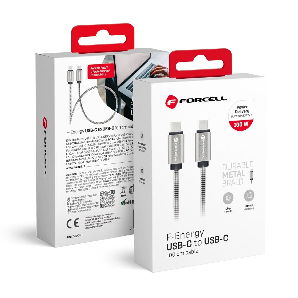 Kaapeli USB C - USB C Forcell F-Energy QC4.0 PD 5A 100W E-Mark Metal 1 m C239 hopeinen