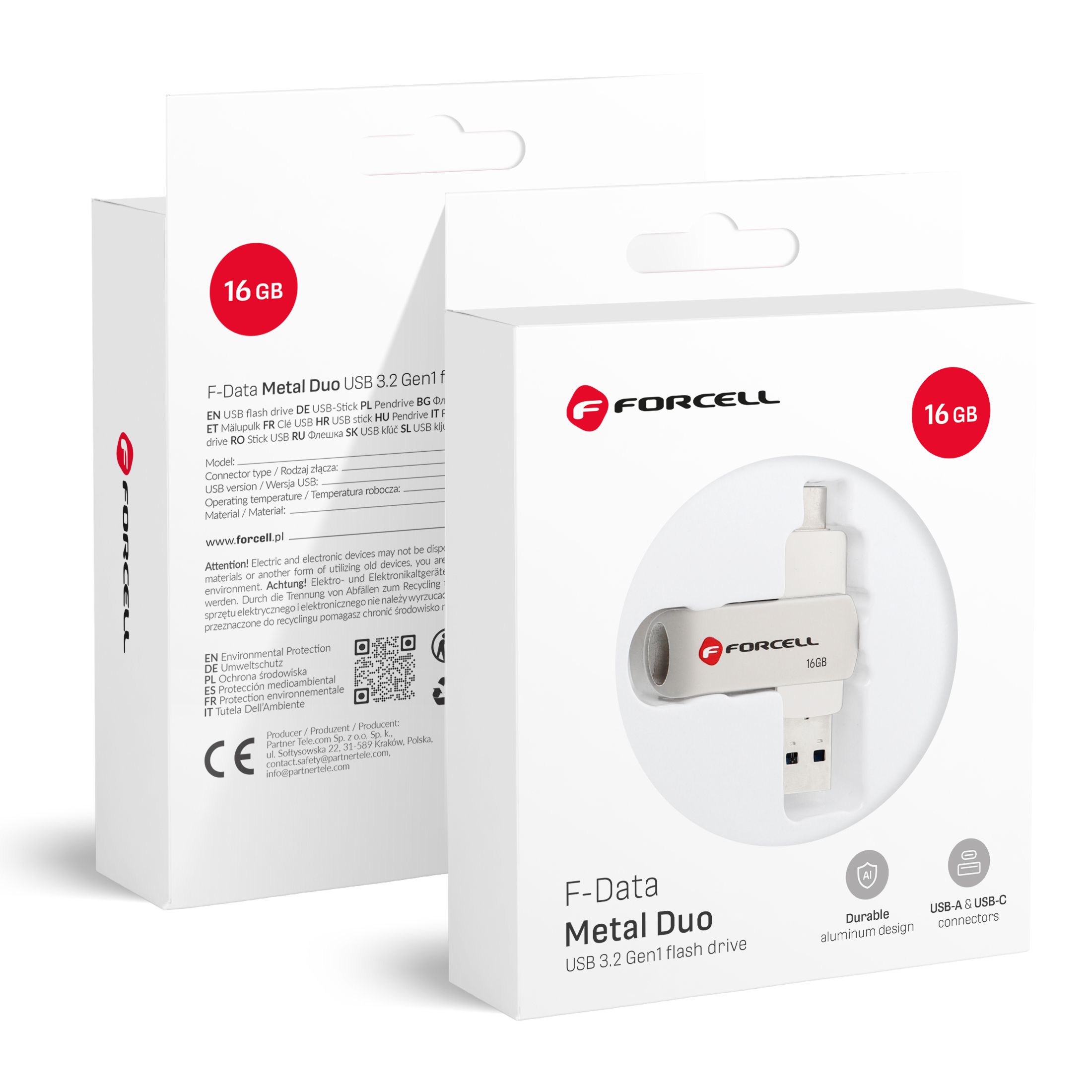 FORCELL F-DATA USB-muistitikku Metal Duo 16GB USB3.2 Gen 1 (USB A / Type C) hopea
