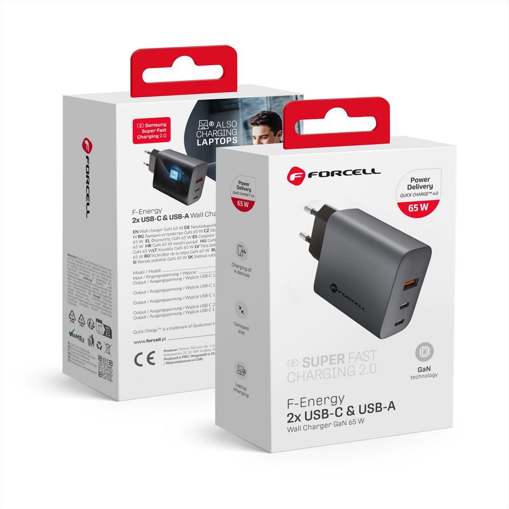 Puhelinlaturi Forcell F-Energy GaN 2 x USB C + USB A QC4.0 PD 4A 65W VT-42B harmaa