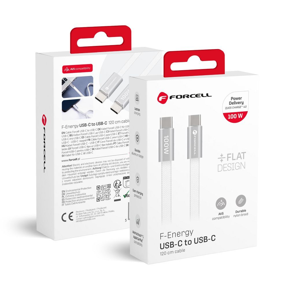 Kaapeli USB-C - USB-C Forcell F-Energy QC4.0 PD 5A 100 W Cafule Flat 1,2 m CCFN23 valkoinen