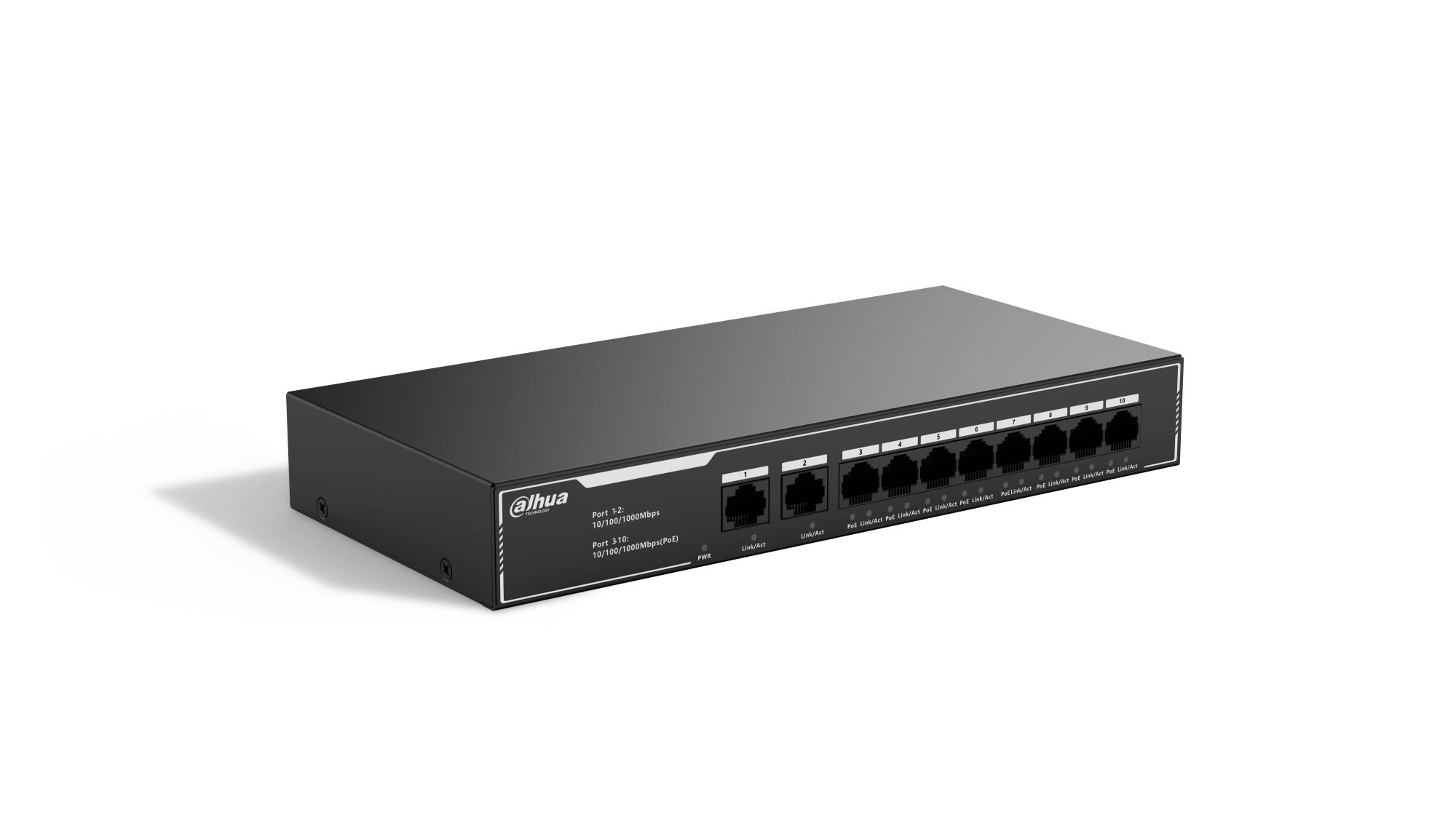 Kytkin DAHUA SG1010LP, 10-porttinen edullinen Gigabit PoE -kytkin, 8 PoE-porttia, tyyppi L2