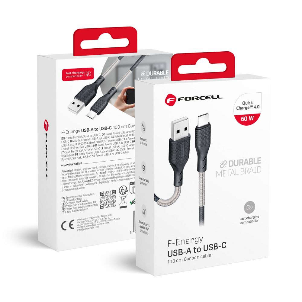 Kaapeli USB A - USB C Forcell F-Energy QC4.0 5A 60W Carbon 1 m CB-02A musta