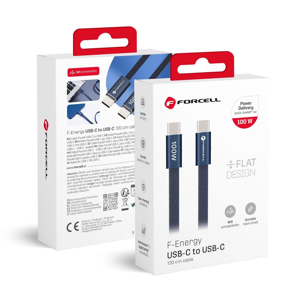 Kaapeli USB-C - USB-C Forcell F-Energy QC4.0 PD 5A 100 W Cafule Flat 1,2 m CCFN23 tummansininen