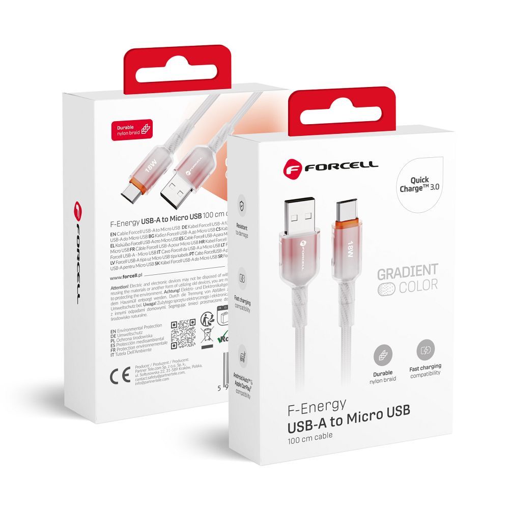 Kaapeli FORCELL F-ENERGY C351 USB A - Micro USB QC3.0 2,4A 18W liukuväri 1 m valkoinen (m)