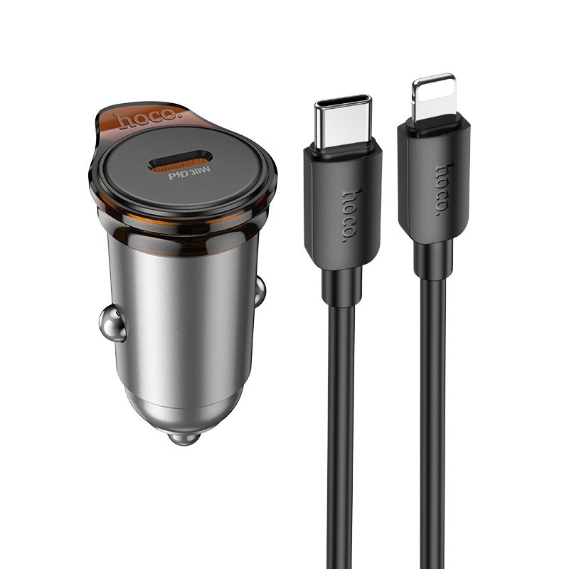 Autolaturi Hoco USB C QC PD 30W + kaapeli USB C - Lightning NZ16 metallin harmaa