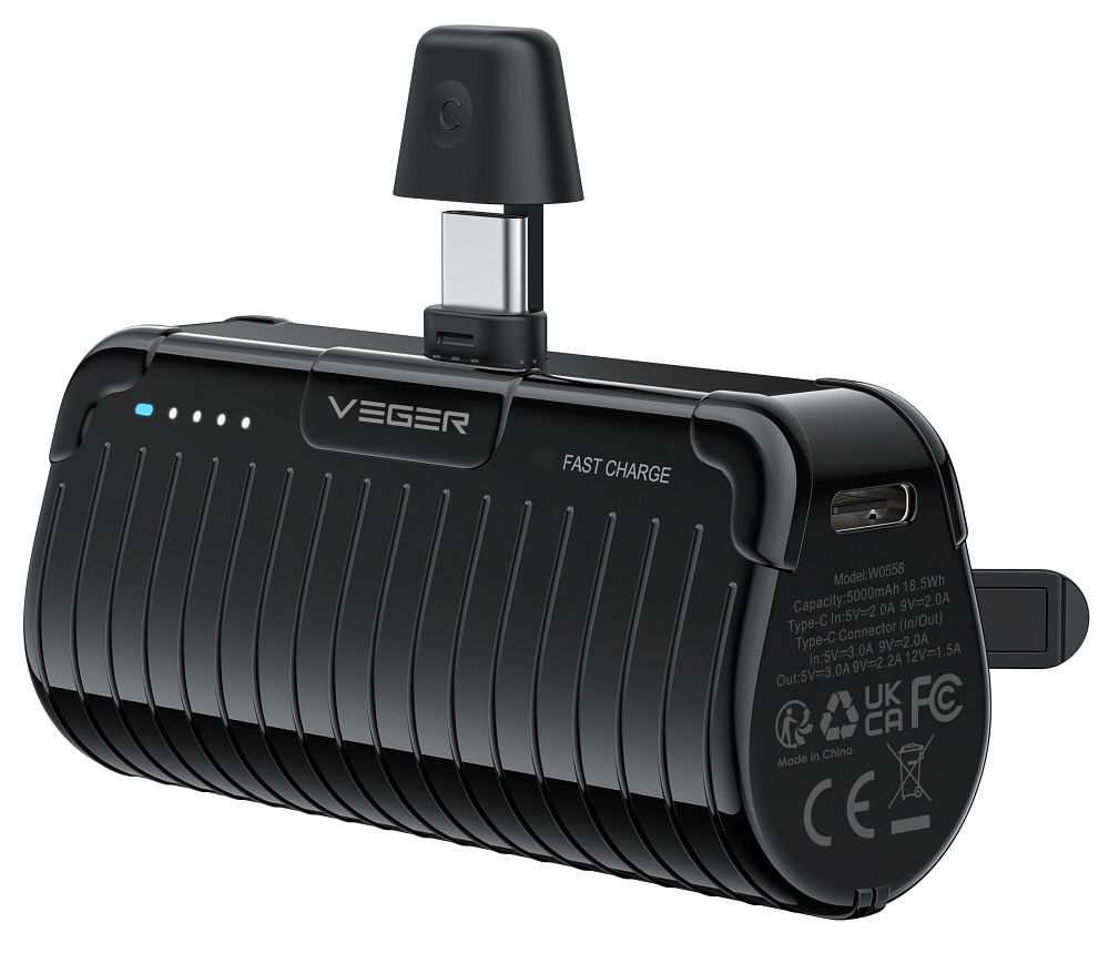 Ulkoinen akku Veger PlugOn (W0558) PD QC3.0 3A 20W 5000 mAh sisäänrakennetulla Type C -liittimellä musta