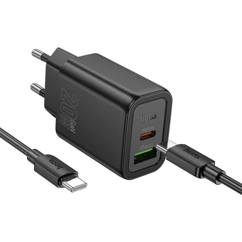 Puhelinlaturi Hoco USB-A + USB-C QC3.0 PD 3A 20W + USB-C - USB-C -kaapeli N61 musta